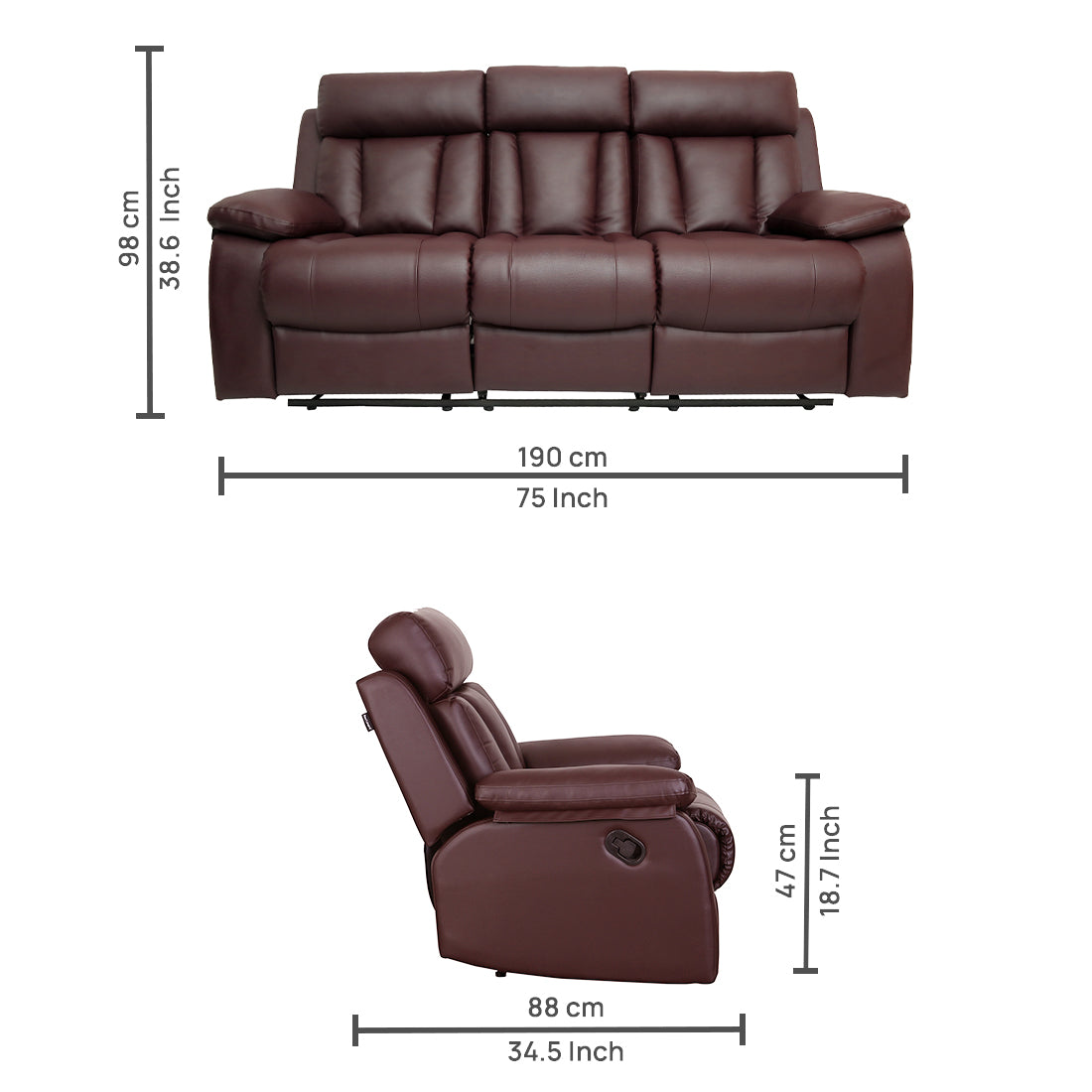 Buy Three Seater Recliner Sofa - Magna Online in India, Three Seater Recliner Sofa, 3 Seater Recliner Chair, Manual Recliner, Leatherette Recliner, Living Room Recliner