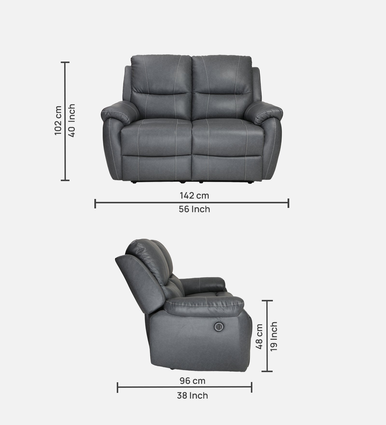 Buy Two Seater Recliner Sofa - Lite (Grey) Online in India, Two Seater Recliner Sofa, 2 Seater Recliner Chair, Motorized Recliner, Leatherette Recliner, Living Room Recliner