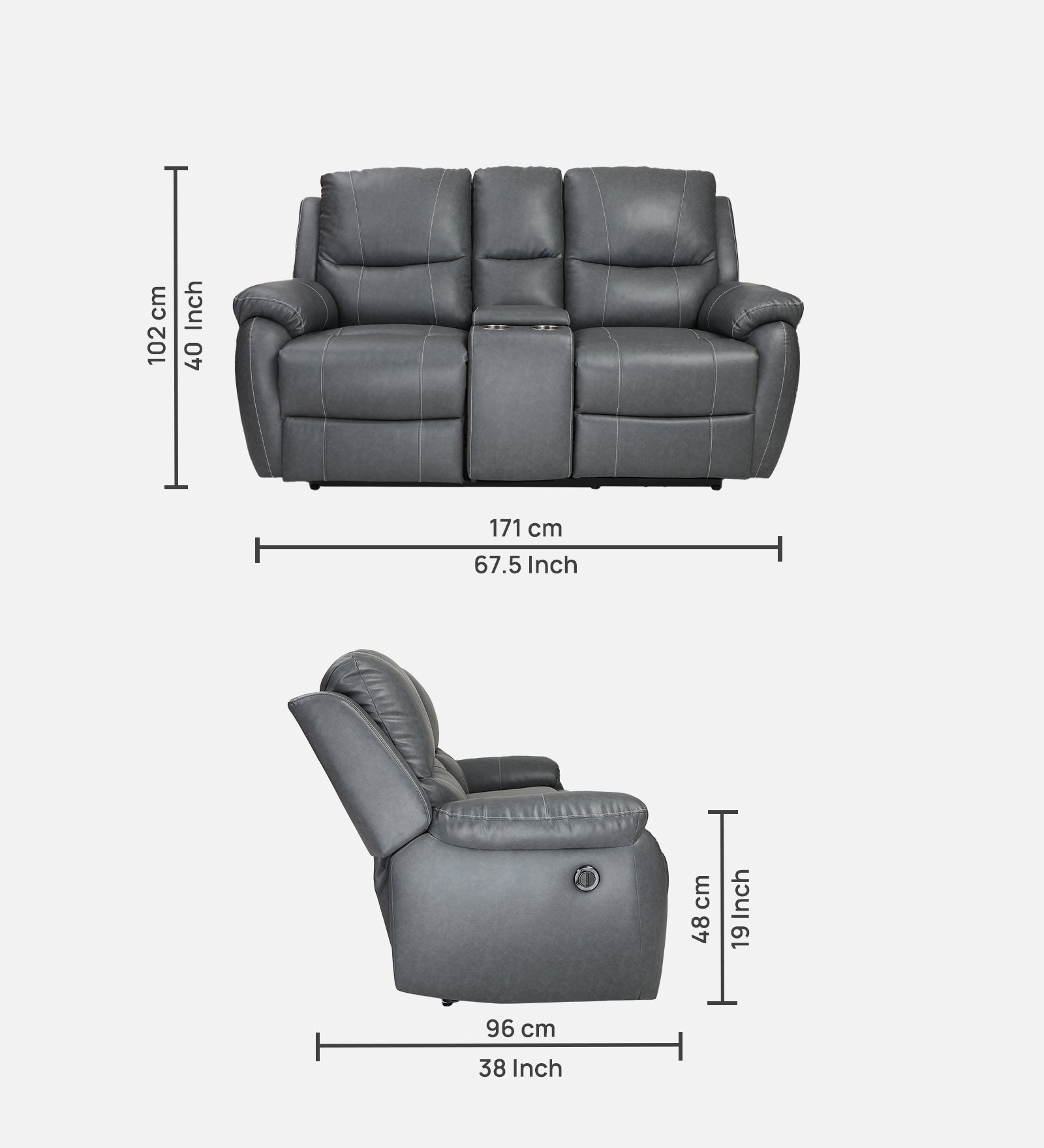 Buy Two Seater Recliner Sofa With Console - Lite (Grey) Online in India, Two Seater Recliner Sofa, 2 Seater Recliner Chair, Motorized Recliner, Leatherette Recliner, Living Room Recliner